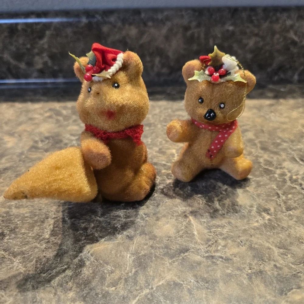 Vintage Flocked Christmas Ornaments‎ Squirrel & Bear with Santa Hats 1980s