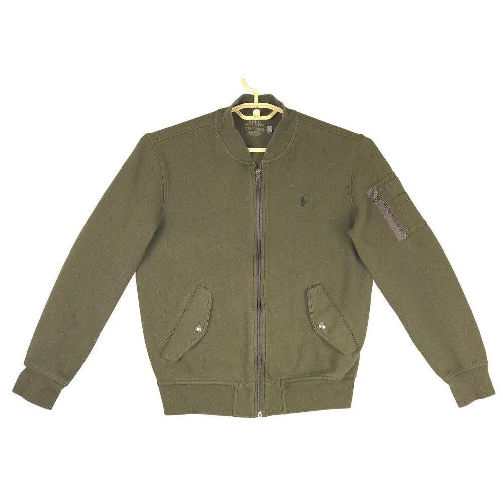 Polo Ralph Lauren Mens‎ Olive Green Fleece Bomber Jacket Small Full Zip Utility
