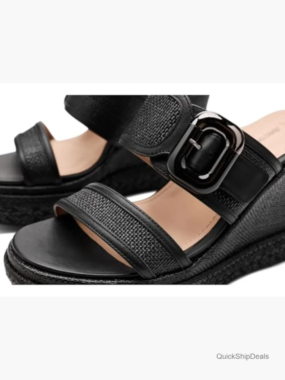 Nappa Leather Raffia Wedge Sandals with Buckle Strap