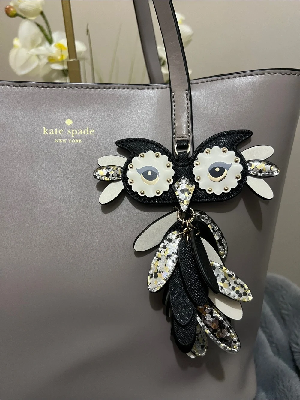 Kate Spade Owl Star Bright Little Len Gray Leather Tote EUC retail $398