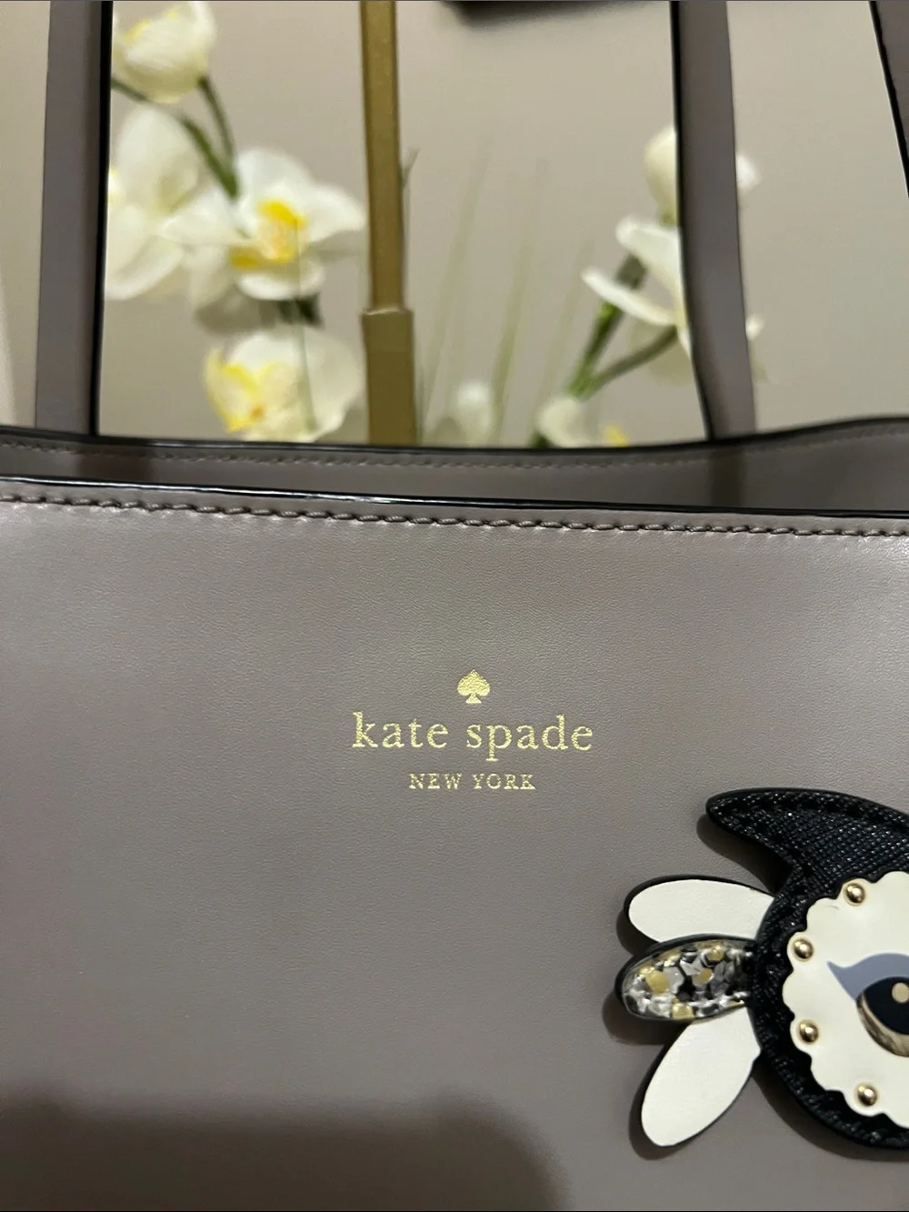 Kate Spade Owl Star Bright Little Len Gray Leather Tote EUC retail $398