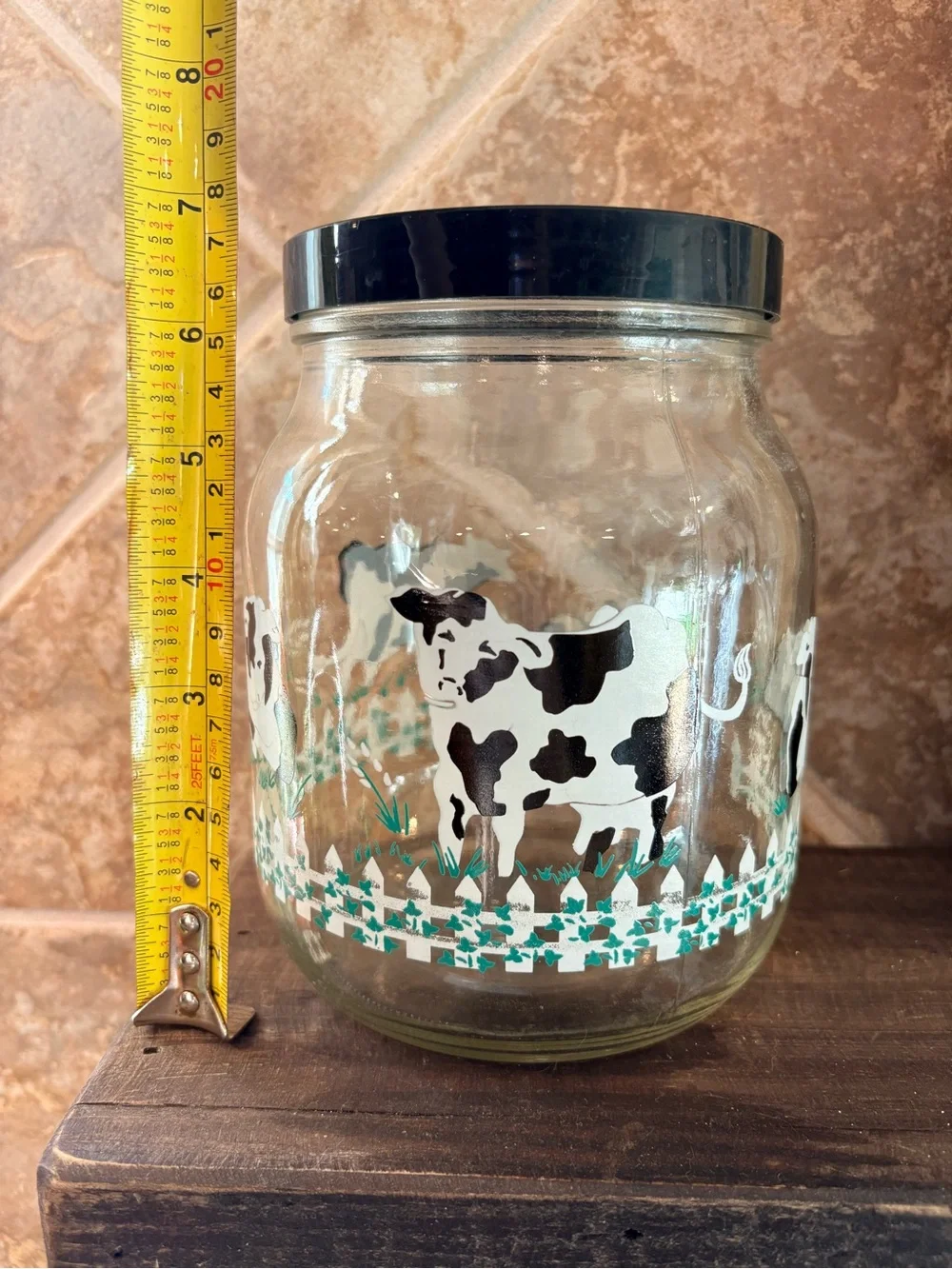 Glass Cookie Jar with Cow Motif and Black Lid Vintage Country Cottagecore