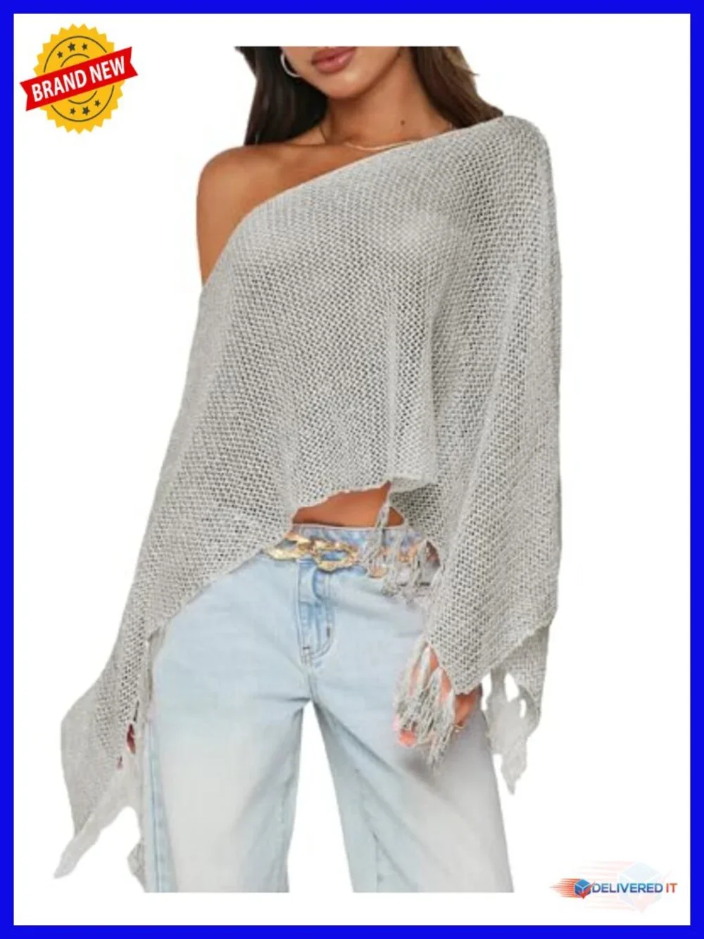 Lightweight Sheer Poncho Wrap Fringe One Shoulder Knit Cover Up