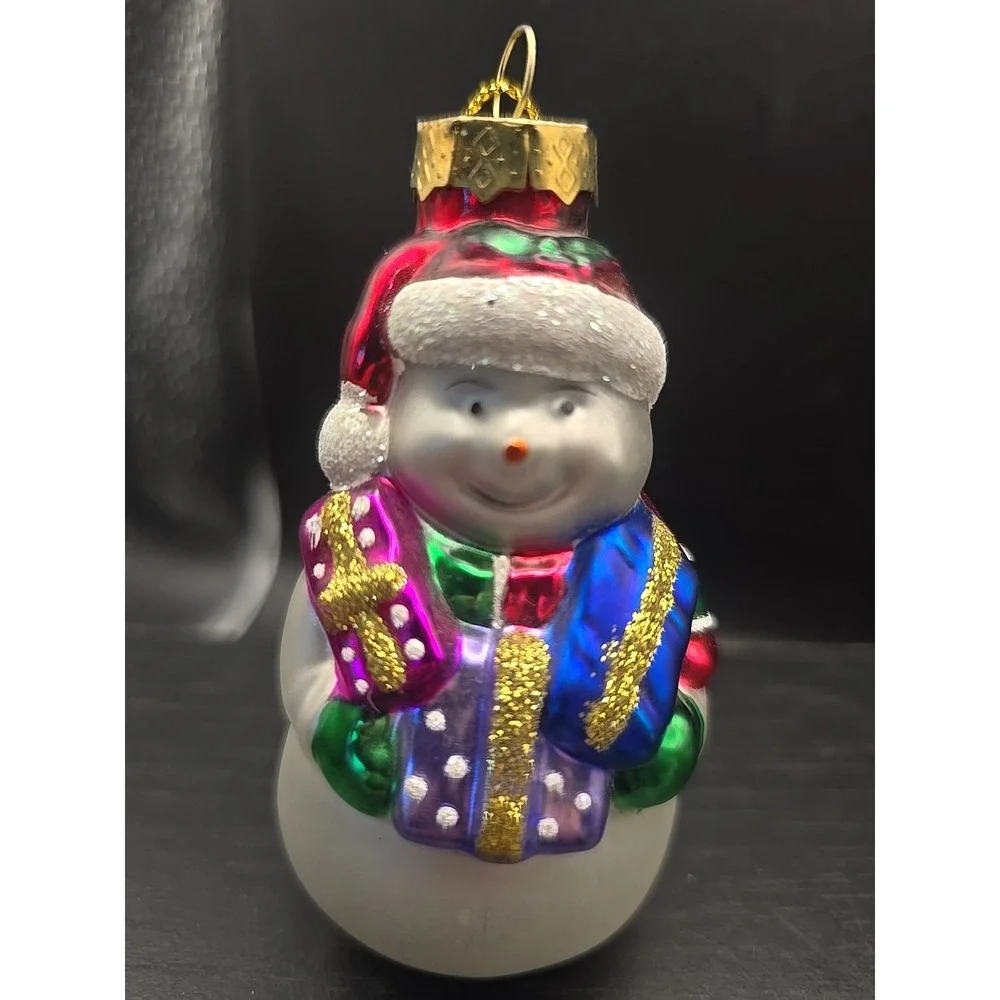 Vintage Lao Mai Christmas Holiday Ornaments Blown Glass Snowman Holding‎ Present