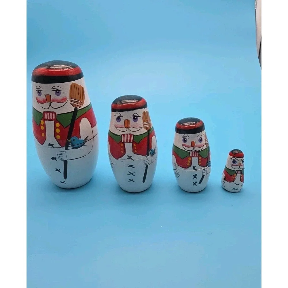 Vtg Nesting Dolls Vintage Wooden Snowman Family Set Of 4 Graduated Sizes Holiday