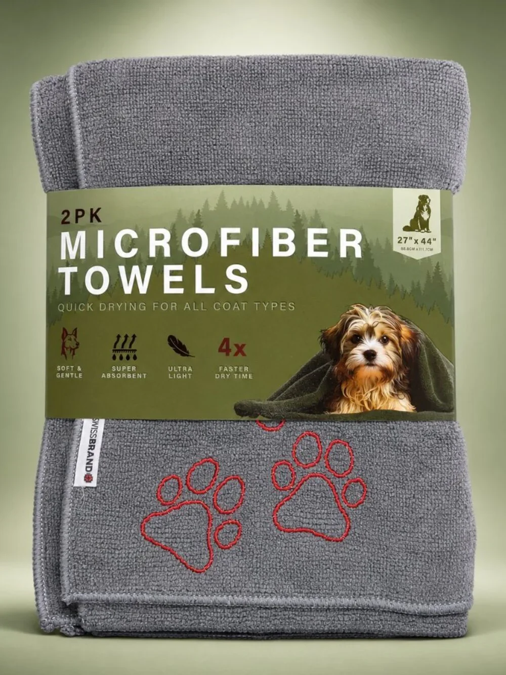 Swissbrand 2PK Microfiber Dog Towels Gray Green Quick Dry Pet Towels 27x44
