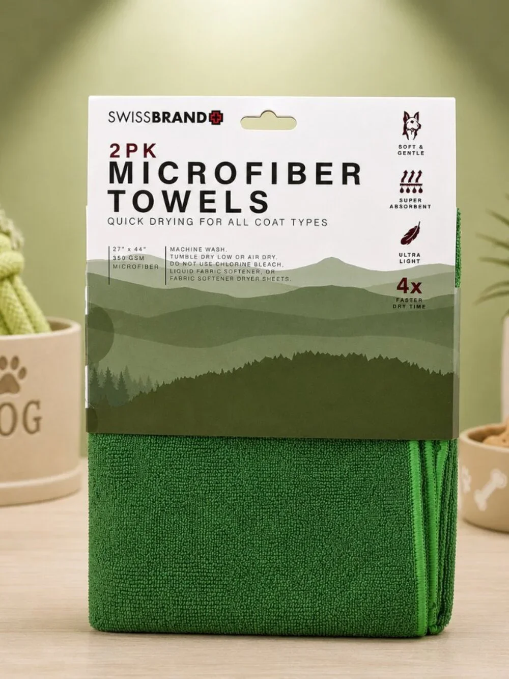 Swissbrand 2PK Microfiber Dog Towels Gray Green Quick Dry Pet Towels 27x44