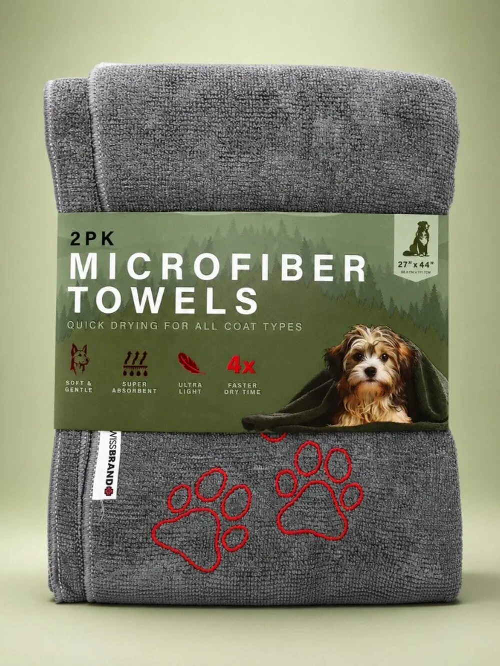Swissbrand 2PK Microfiber Dog Towels Gray Green Quick Dry Pet Towels 27x44