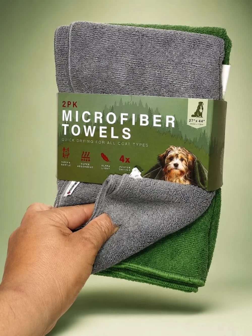 Swissbrand 2PK Microfiber Dog Towels Gray Green Quick Dry Pet Towels 27x44