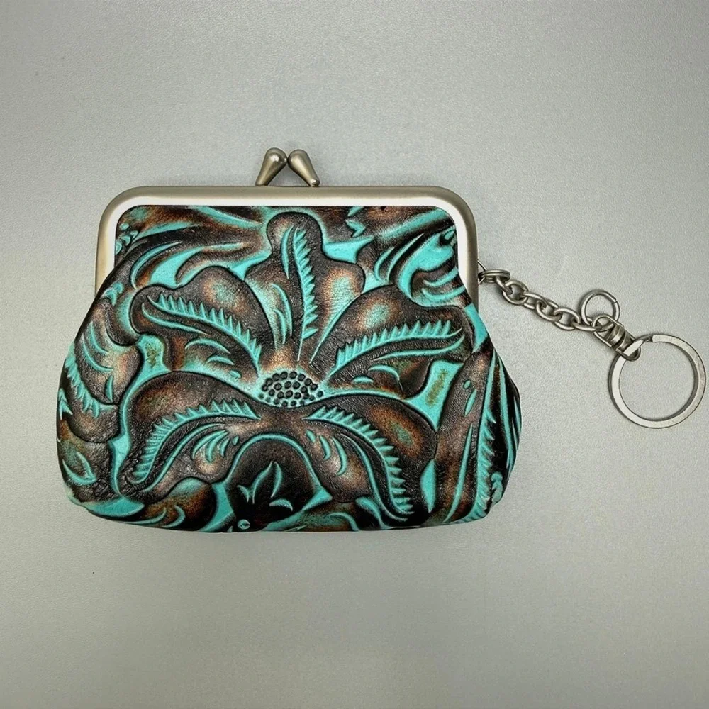 PATRICIA NASH Borse Tooled Leather Coin Purse Kiss Lock Turquoise Floral Western