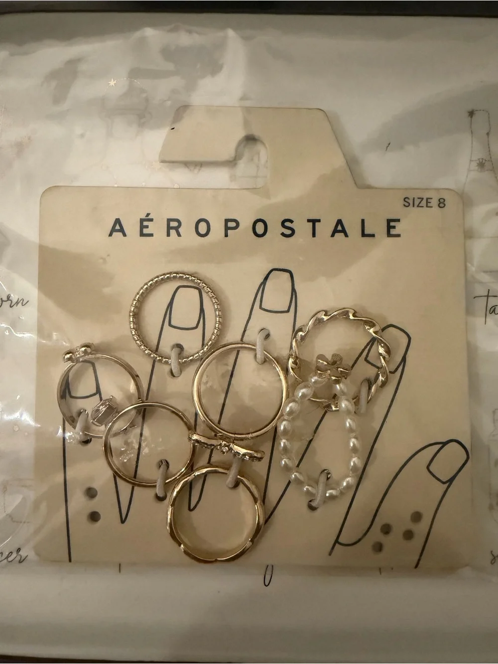 Aéropostale Gold Tone Faux Pearl Bow Cherry Solitaire Accent Ring Set - Size 8