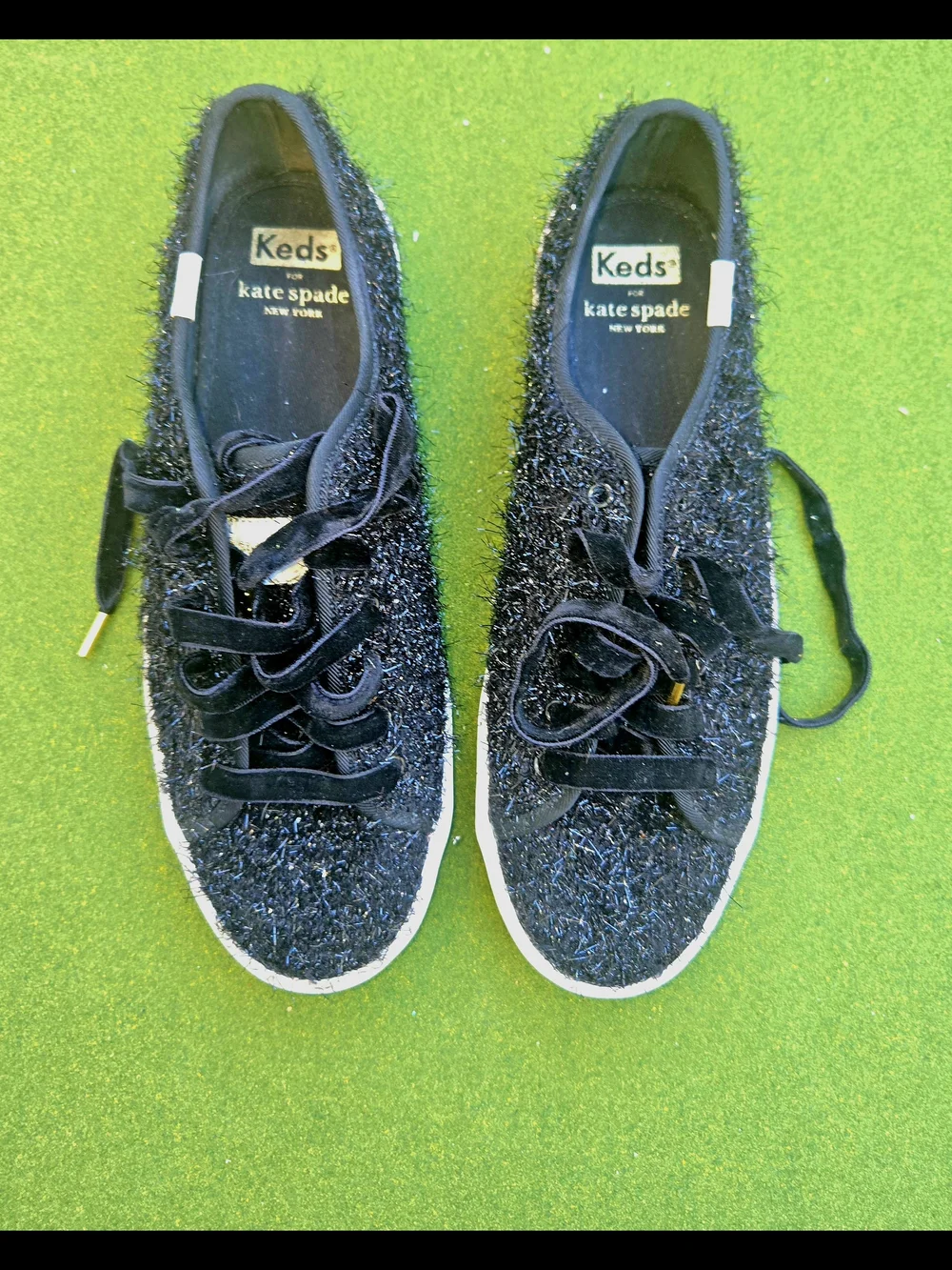 KEDS Kate Spade Anthropologie 6½ Kickstart Black Sparkle Tinsel Fuzzy SPARKLE