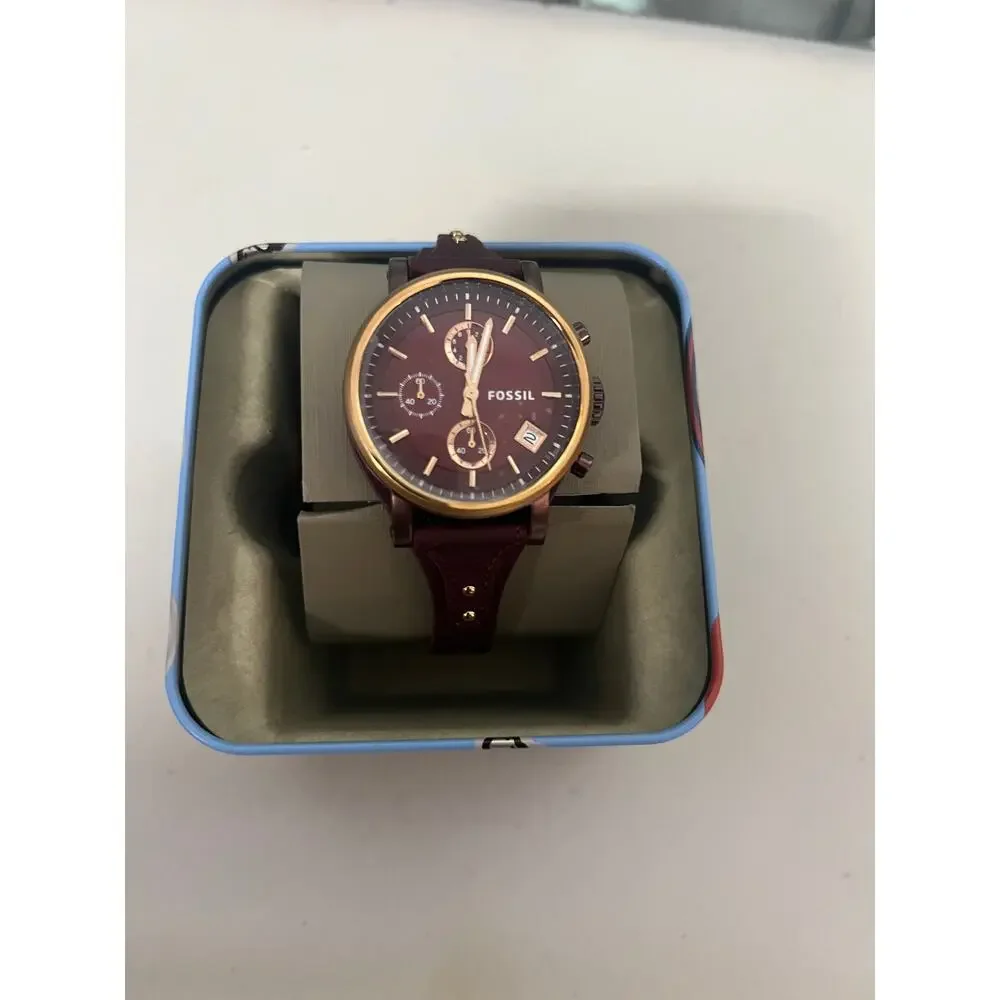 Fossil ES4114 Boyfriend Burgundy Leather Chronograph Ladies Watch Rose Gold Case