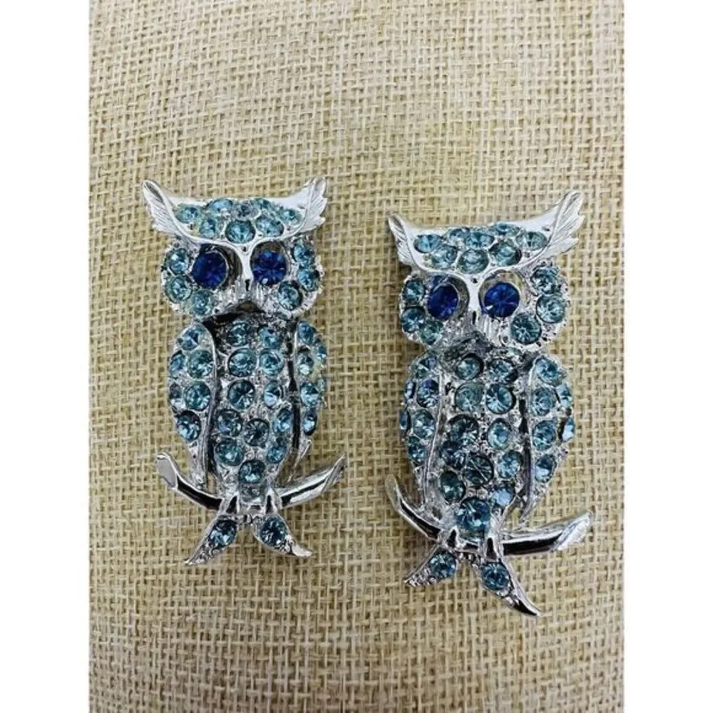 Vintage Silver-tone Baby Blue Rhinestone Owl Pin Brooch Blue Eyes Set‎ Of Two