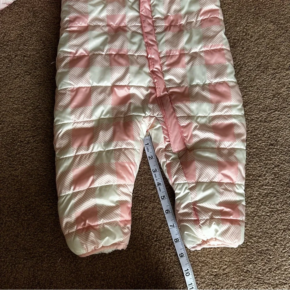 Eddie Bauer Infant Girls Pink Checkered Puffer Snowsuit 6-9M Hooded Sherpa Lined