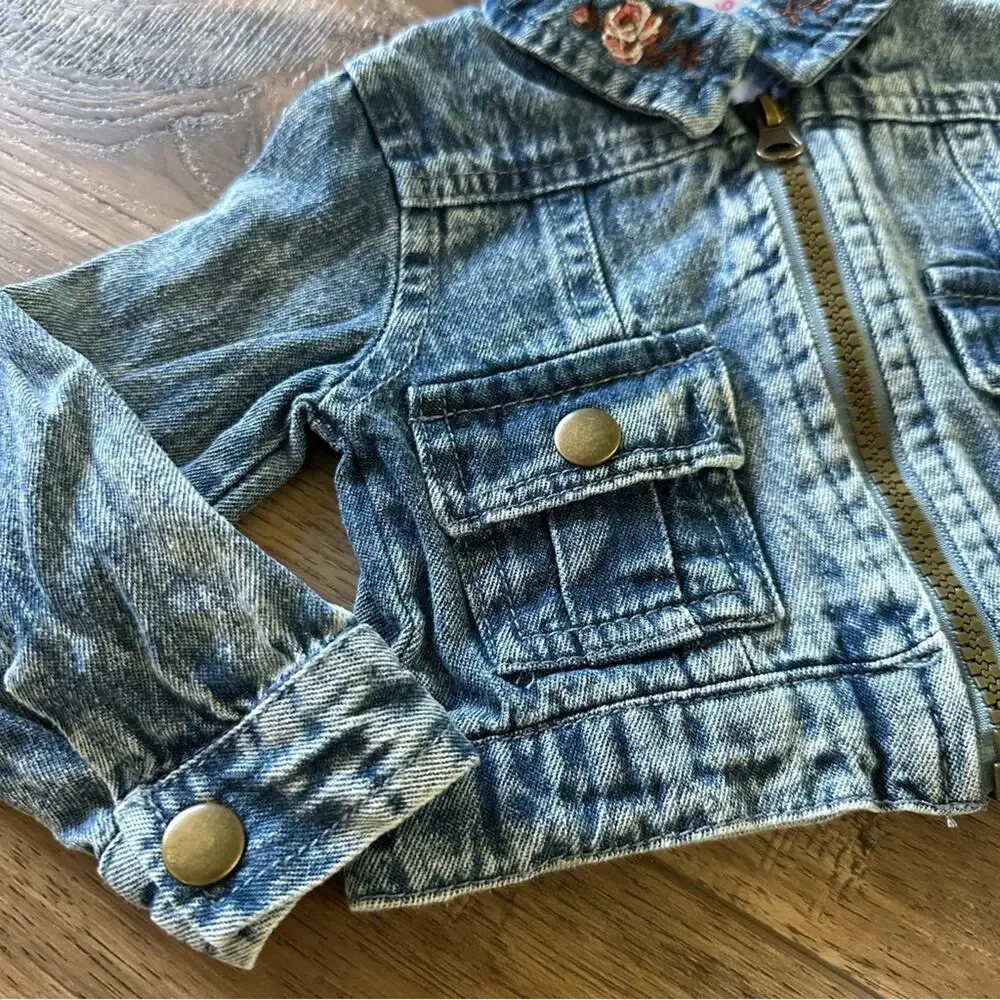 Little Lass Toddler Girl’s Blue Denim Jacket, Floral Embroidery, 100% Cotton,12m