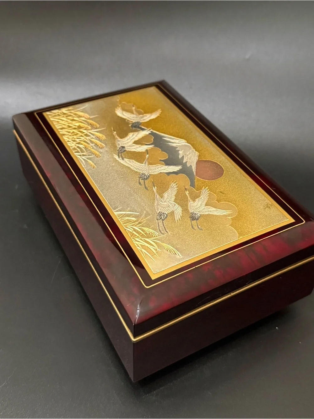 Vintage Japanese Lacquer Chokin Landscape Mt Fuji Flying Cranes Music Box Sakura