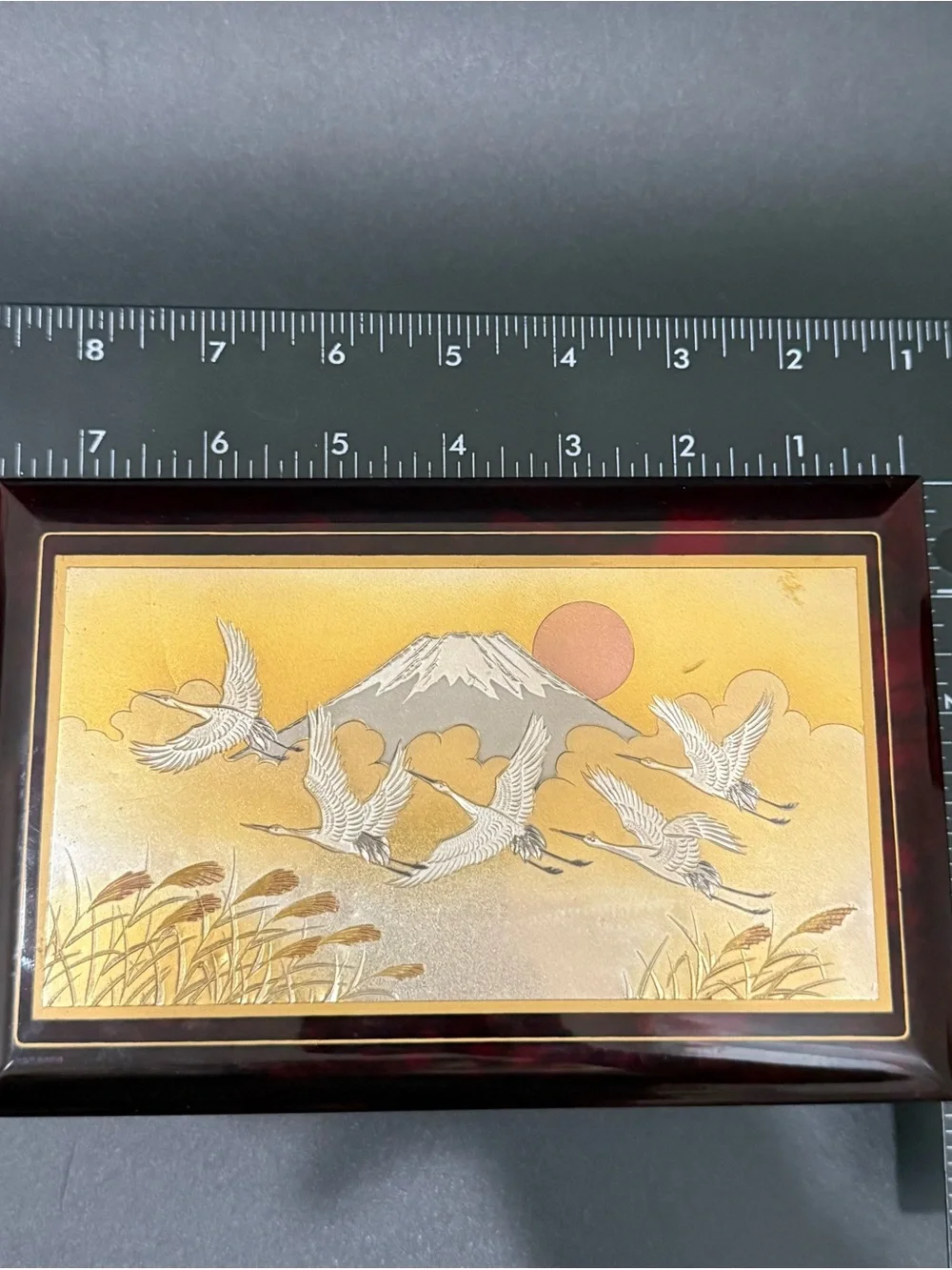 Vintage Japanese Lacquer Chokin Landscape Mt Fuji Flying Cranes Music Box Sakura