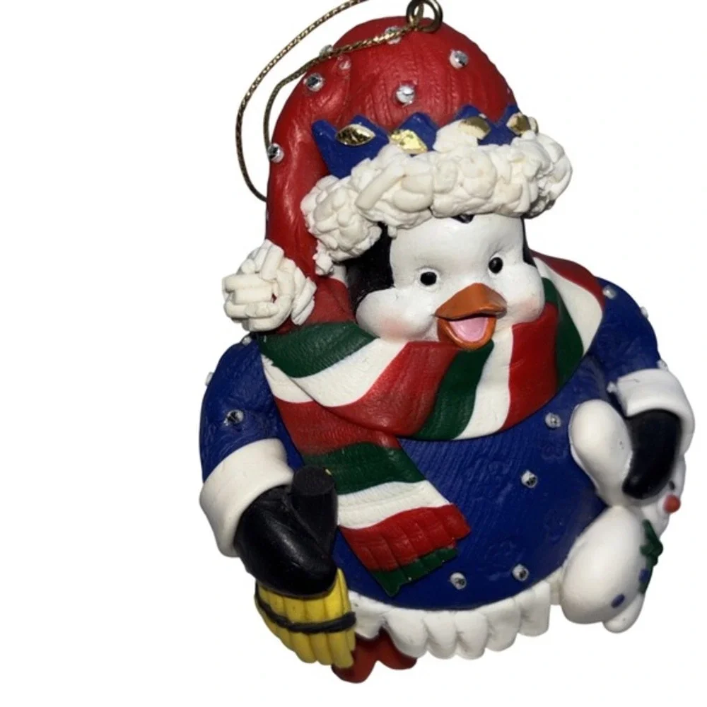 Penguin‎ Christmas Ornament Blue Sweater Snowman Scarf Rhinestone Holiday Decor