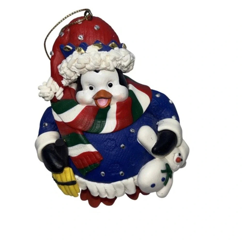 Penguin‎ Christmas Ornament Blue Sweater Snowman Scarf Rhinestone Holiday Decor