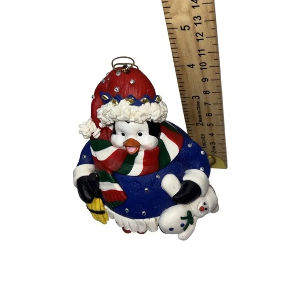 Penguin‎ Christmas Ornament Blue Sweater Snowman Scarf Rhinestone Holiday Decor