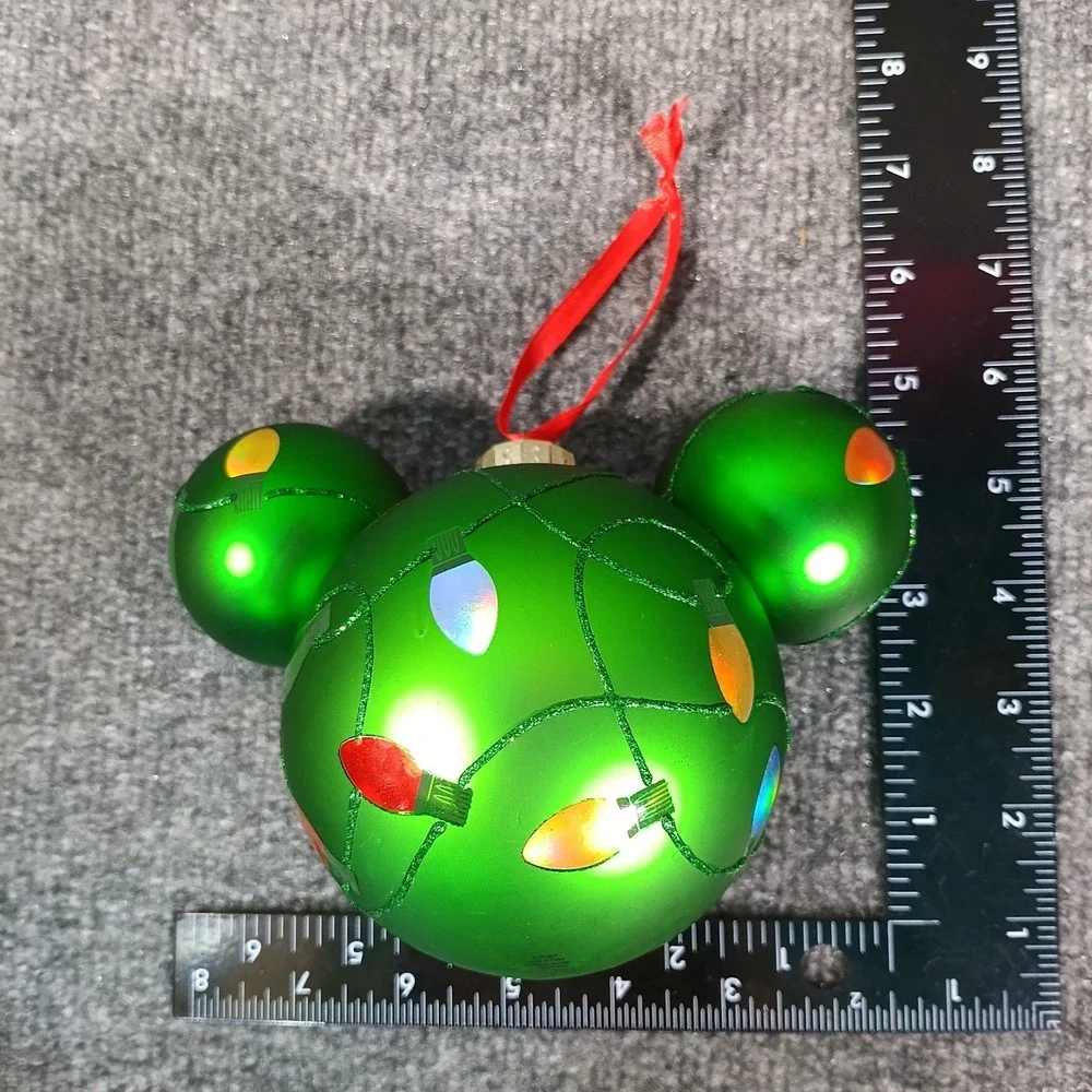 Disney Parks Mickey Mouse Icon Glass Ball Ornament Holiday Lights Green Festive