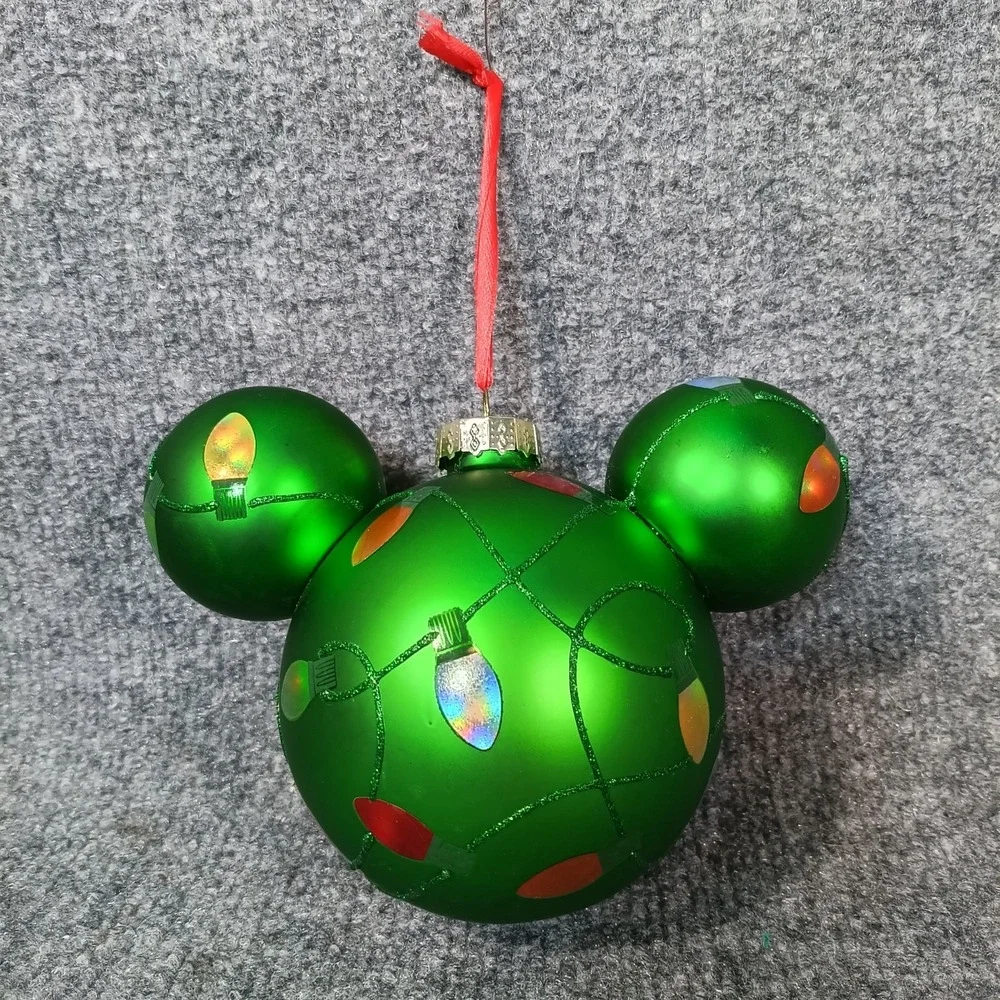Disney Parks Mickey Mouse Icon Glass Ball Ornament Holiday Lights Green Festive