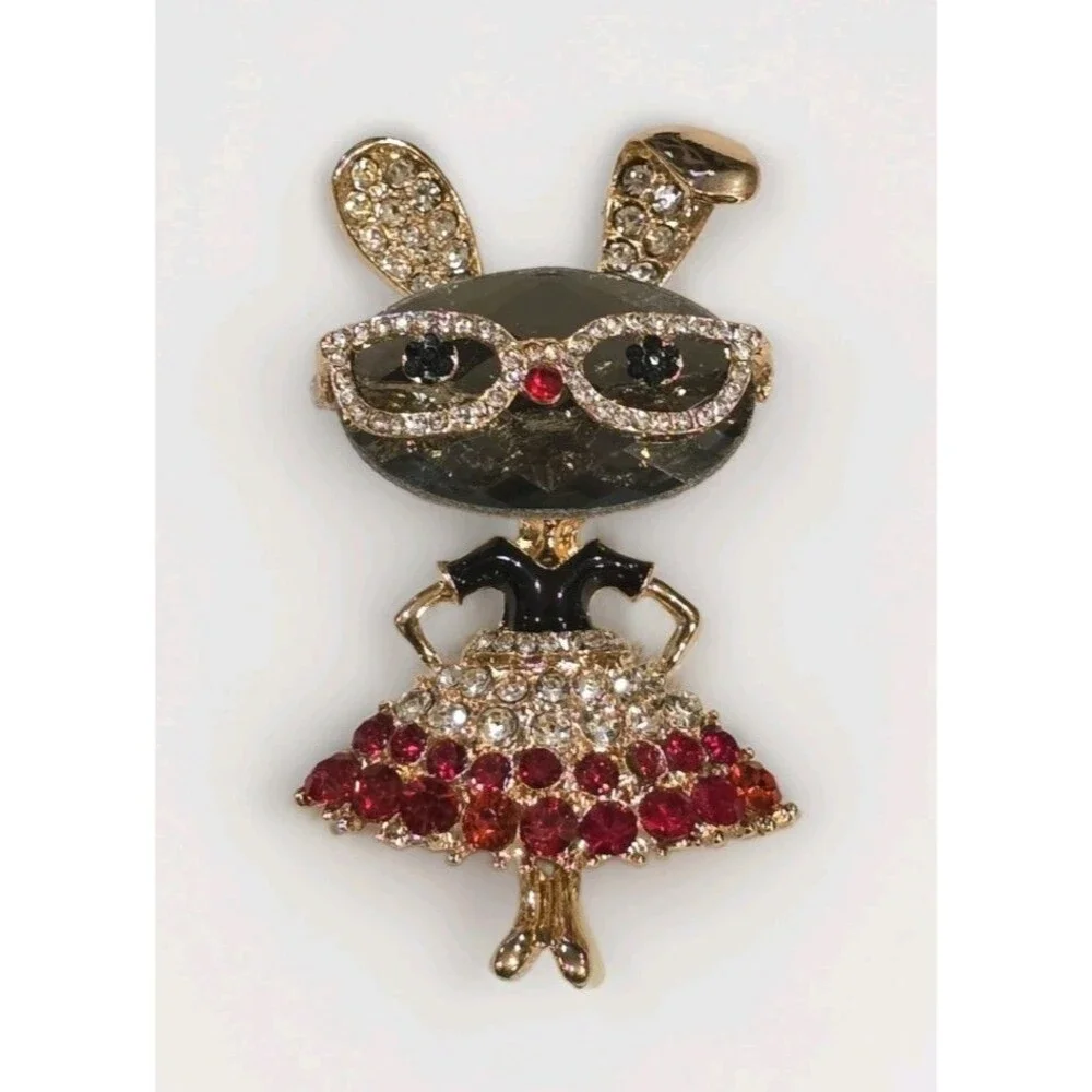 Rhinestone Bunny Rabbit Brooch Sunglasses Red Dress Gold Tone Cute Animal Pin