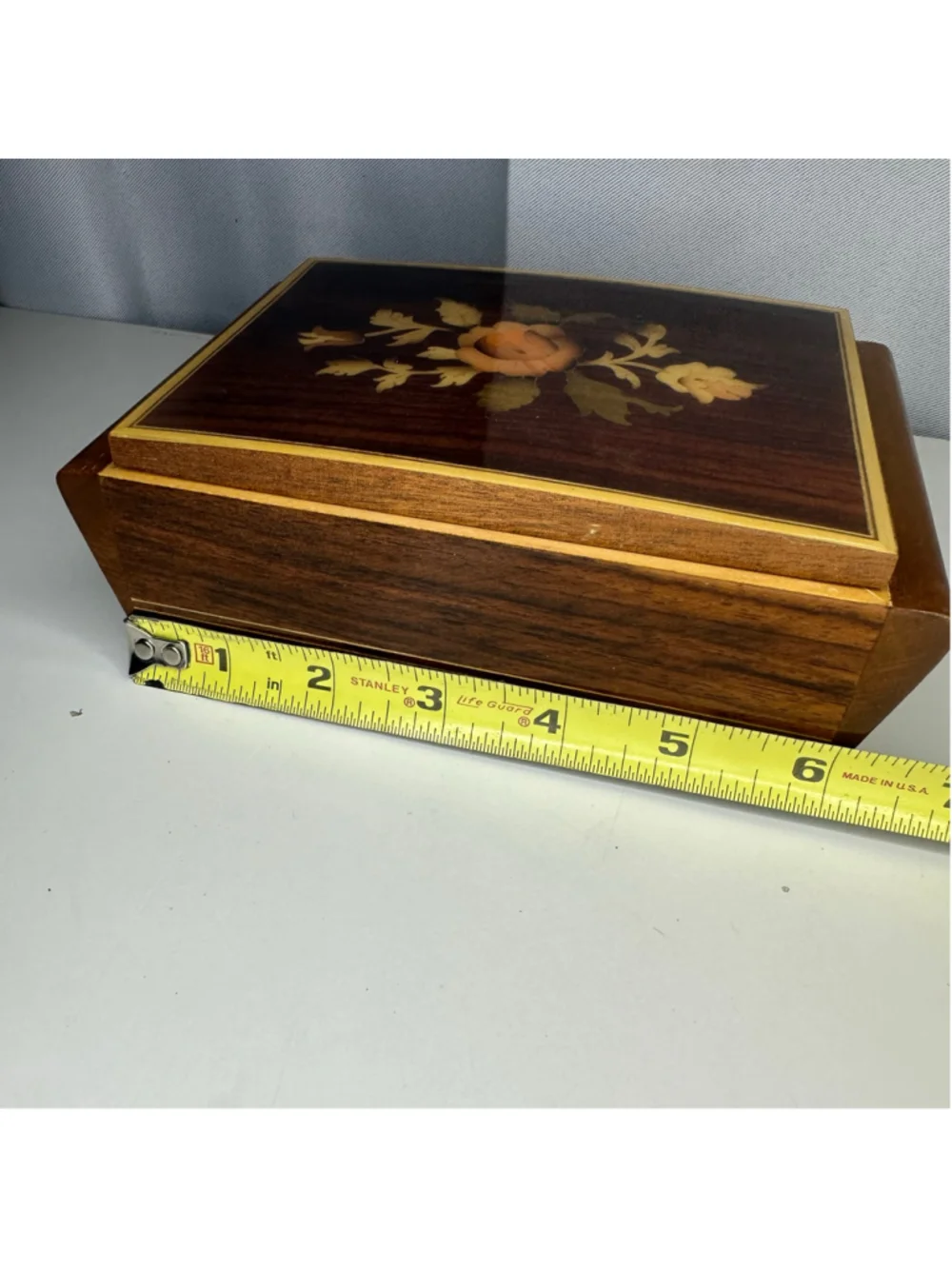 Vintage Inlaid Floral Wooden Jewelry Box Organizer Music Box Works Made in Italy