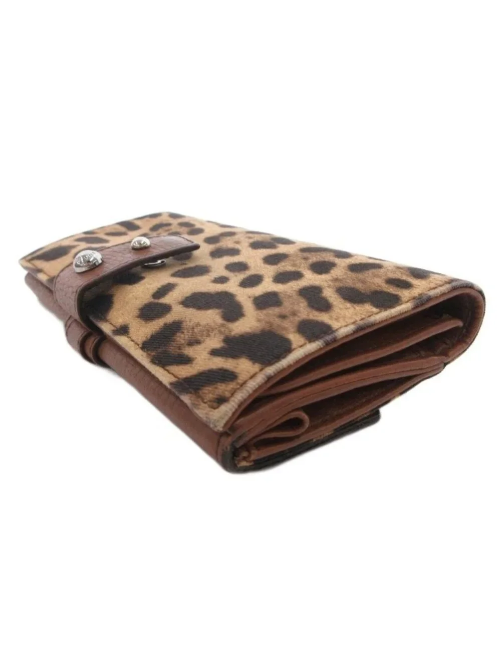 Dolce & Gabbana Wallet with Coin Purse Leopard Pattern Leather Canvas Brown