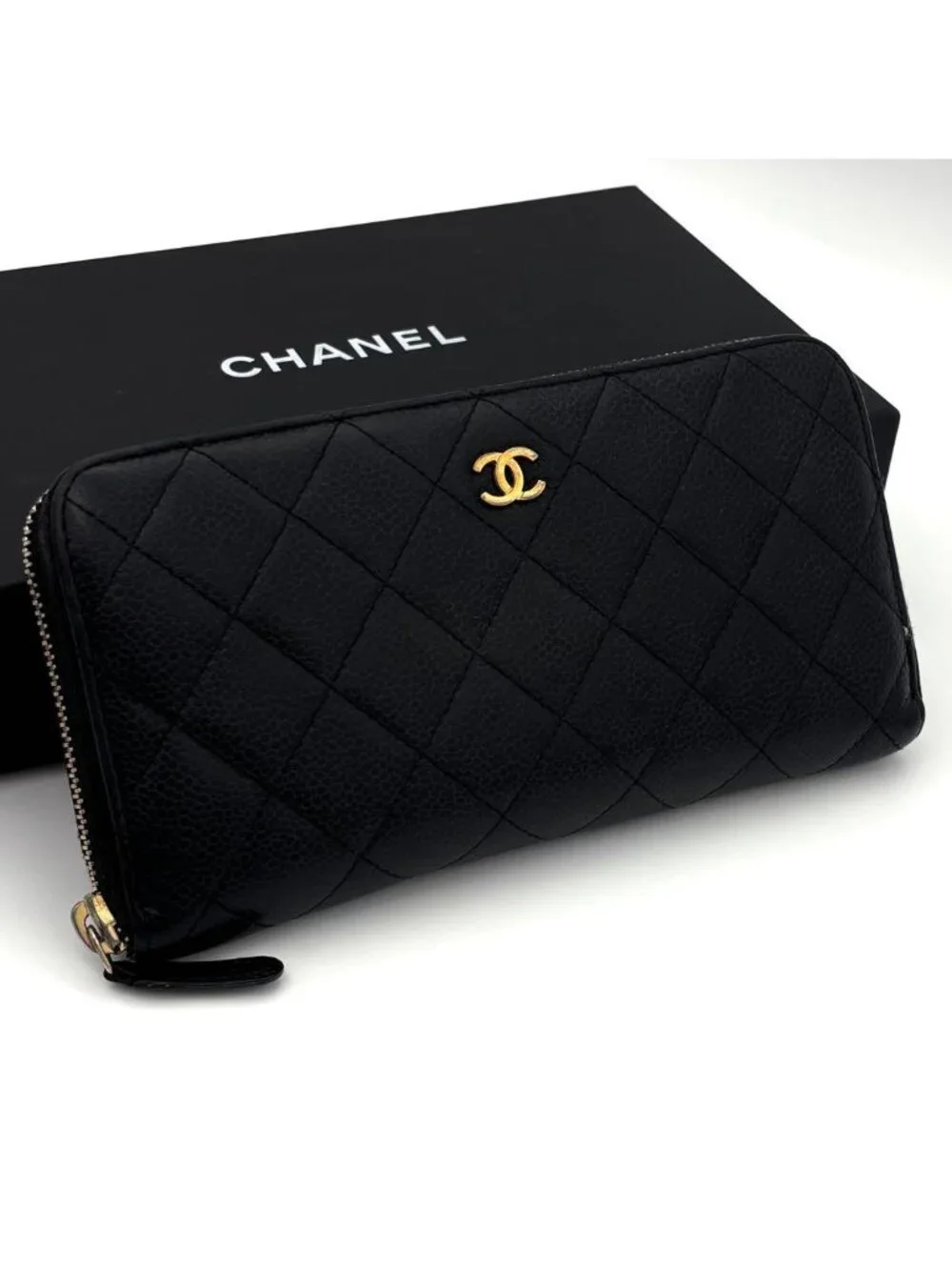 Chanel Quilted Caviar Leather Zip Around Wallet Black