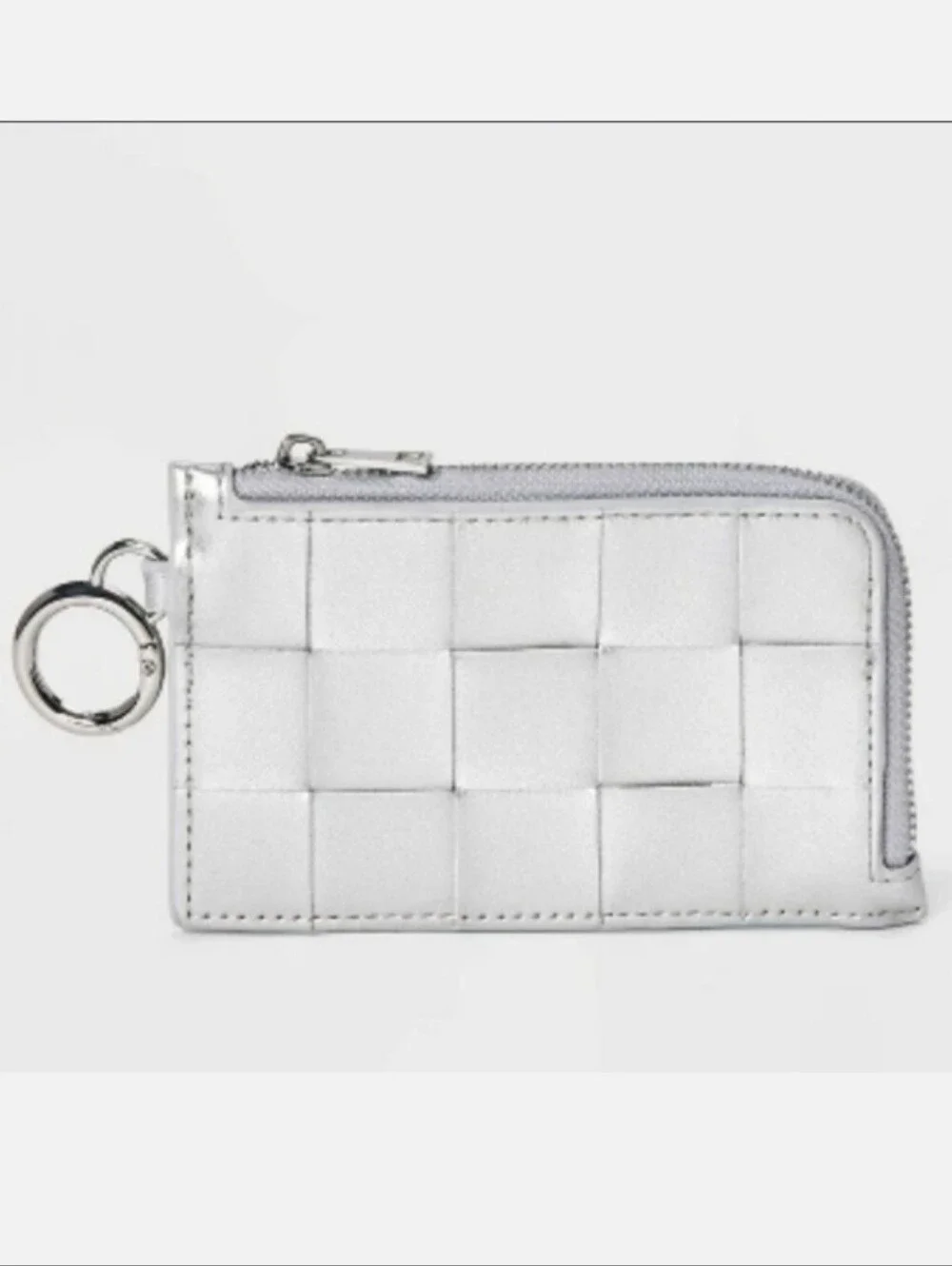 Small Card Case Silver Faux Leather Woven Panel Coin Pouch Keychain Mini Wallet