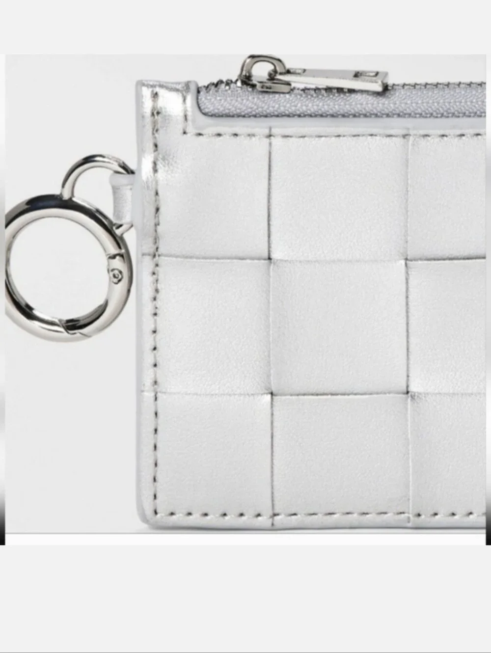 Small Card Case Silver Faux Leather Woven Panel Coin Pouch Keychain Mini Wallet