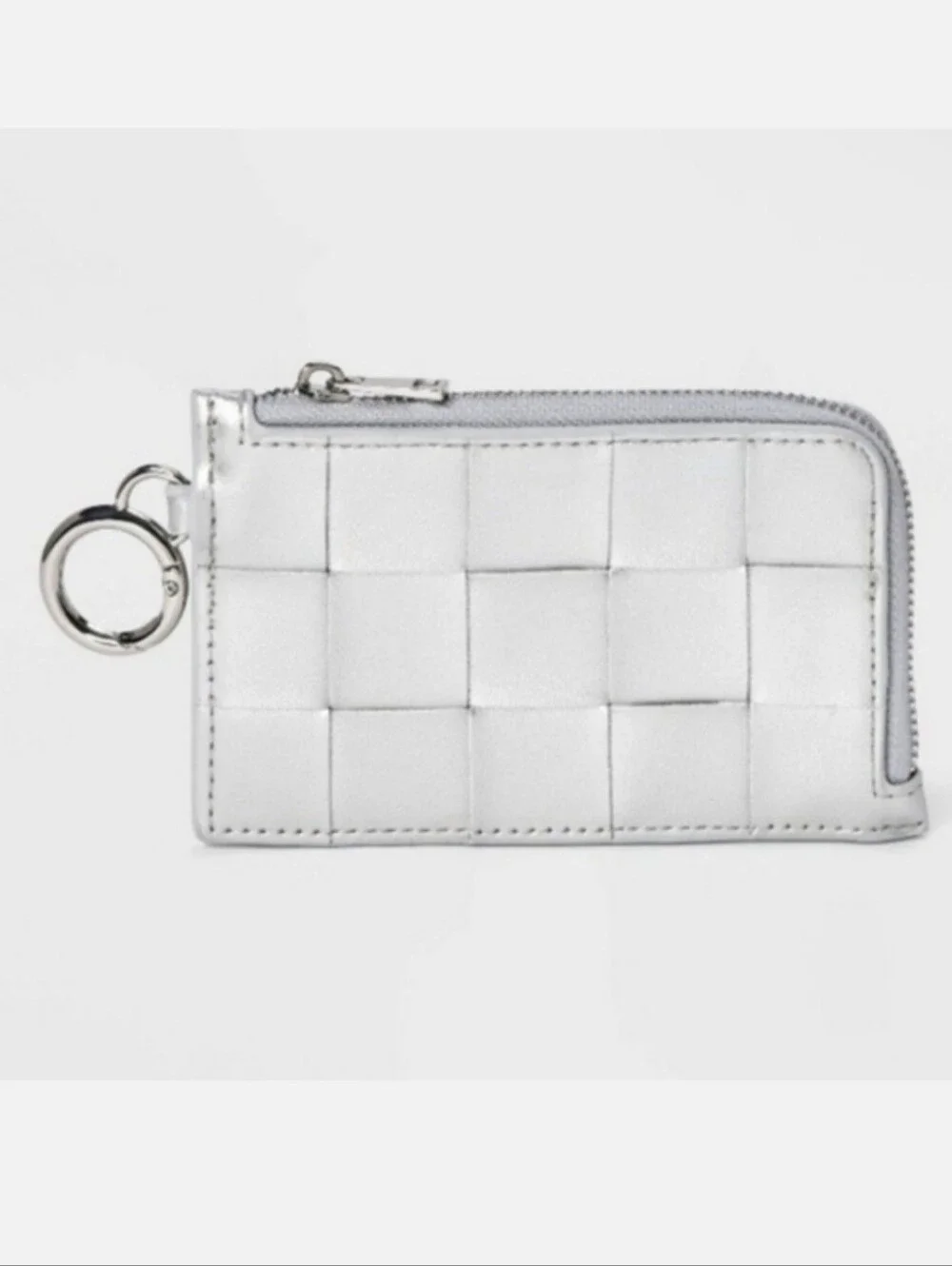 Small Card Case Silver Faux Leather Woven Panel Coin Pouch Keychain Mini Wallet