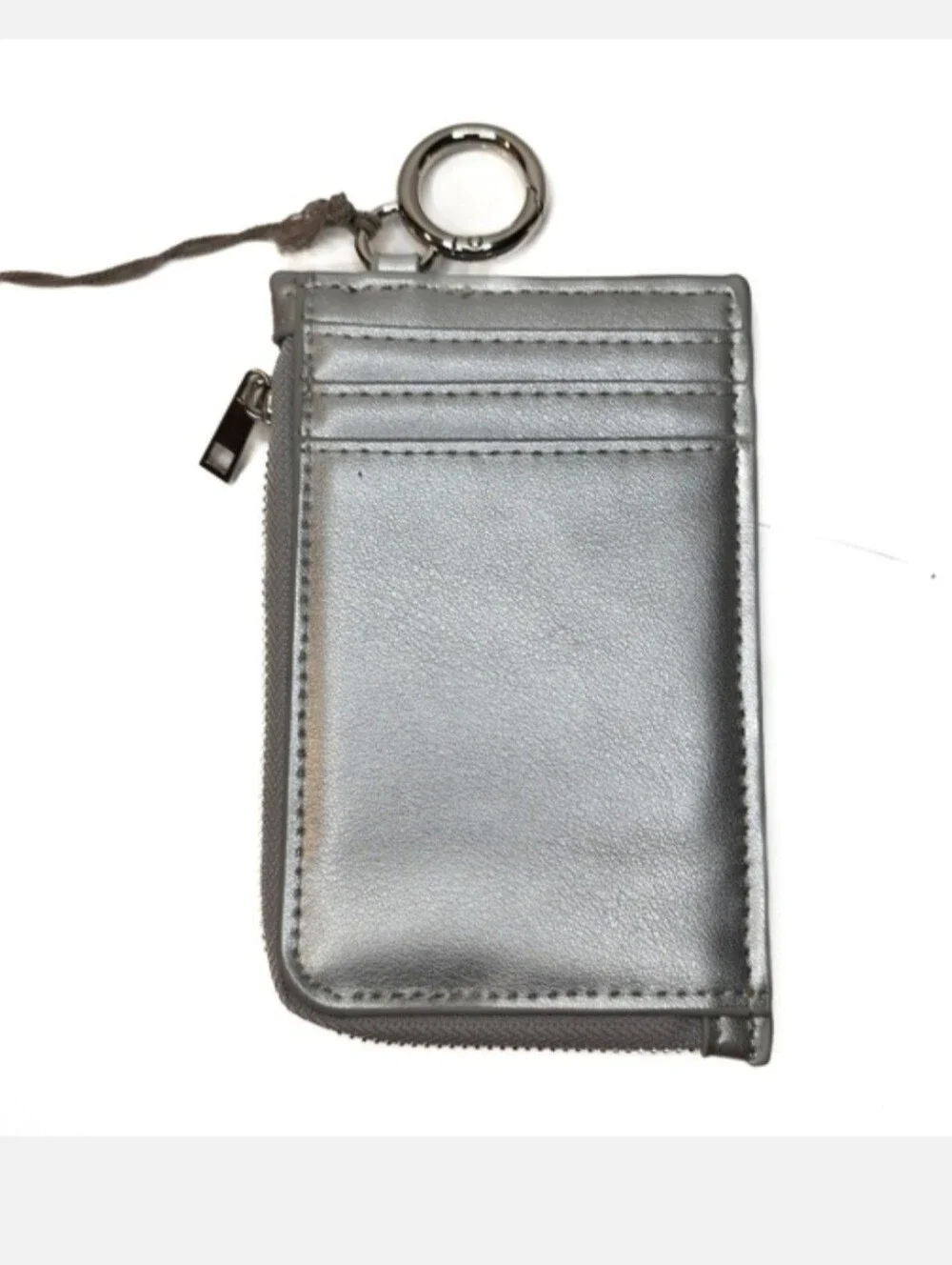 Small Card Case Silver Faux Leather Woven Panel Coin Pouch Keychain Mini Wallet