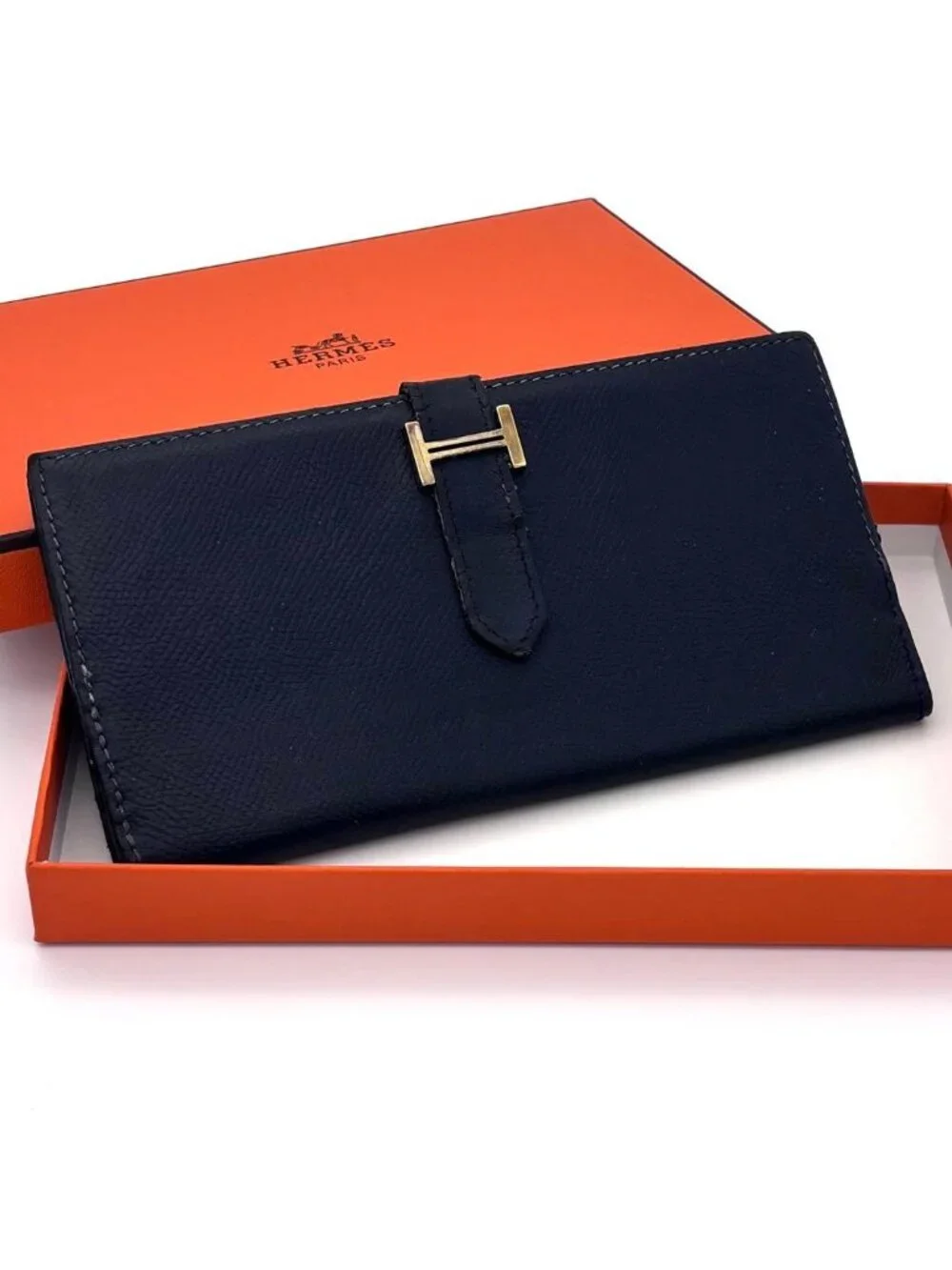 Hermes Bearn Classic Bifold Wallet Navy Leather Epsom