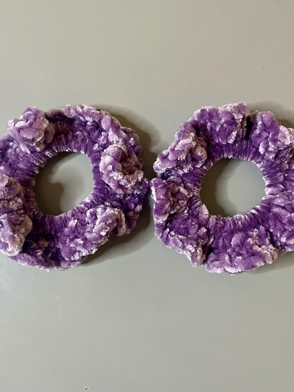 Set of 2 Purple Velvet Crochet Scrunchies Handmade NWT Chenille Hair Ties