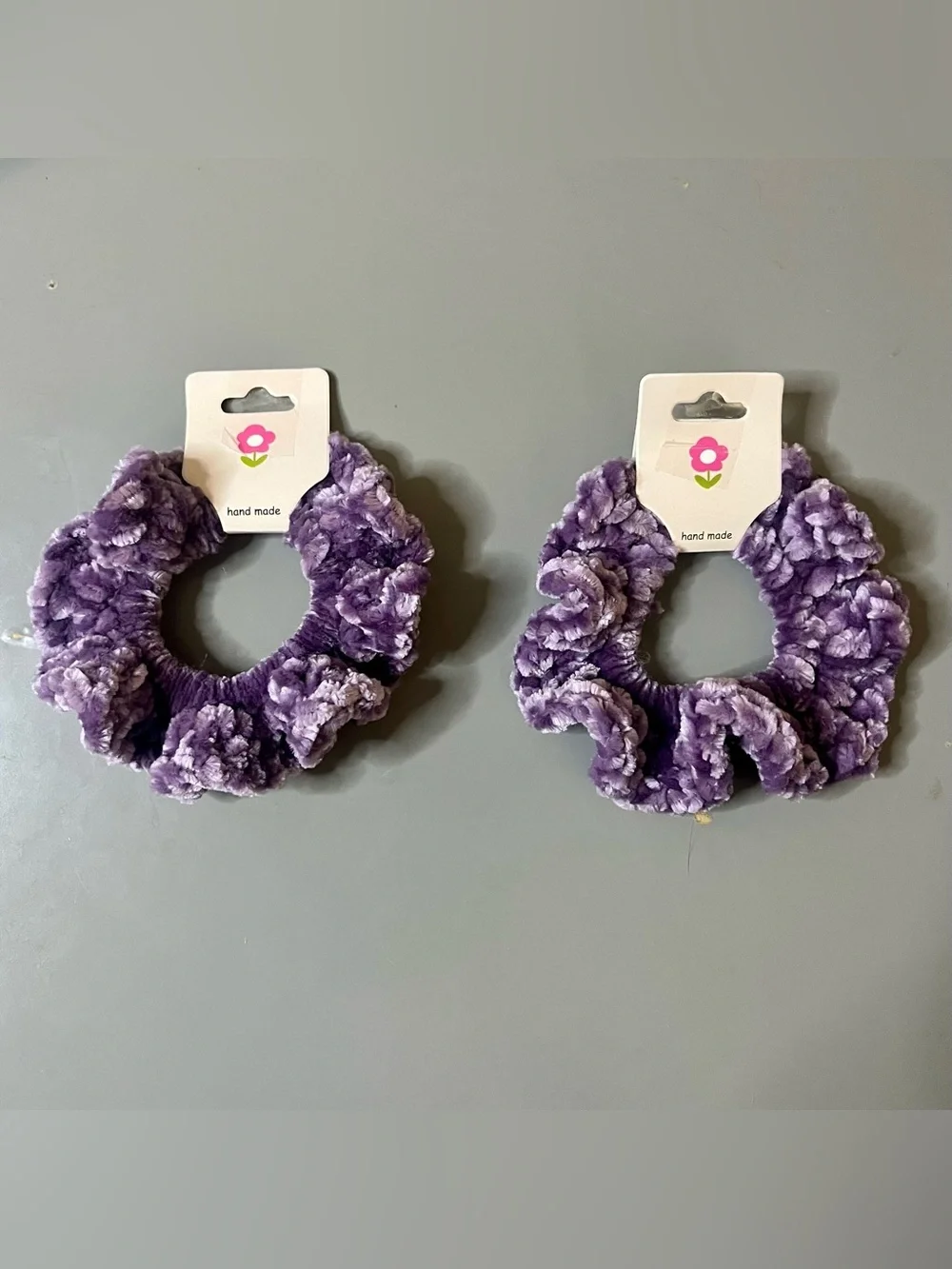 Set of 2 Purple Velvet Crochet Scrunchies Handmade NWT Chenille Hair Ties