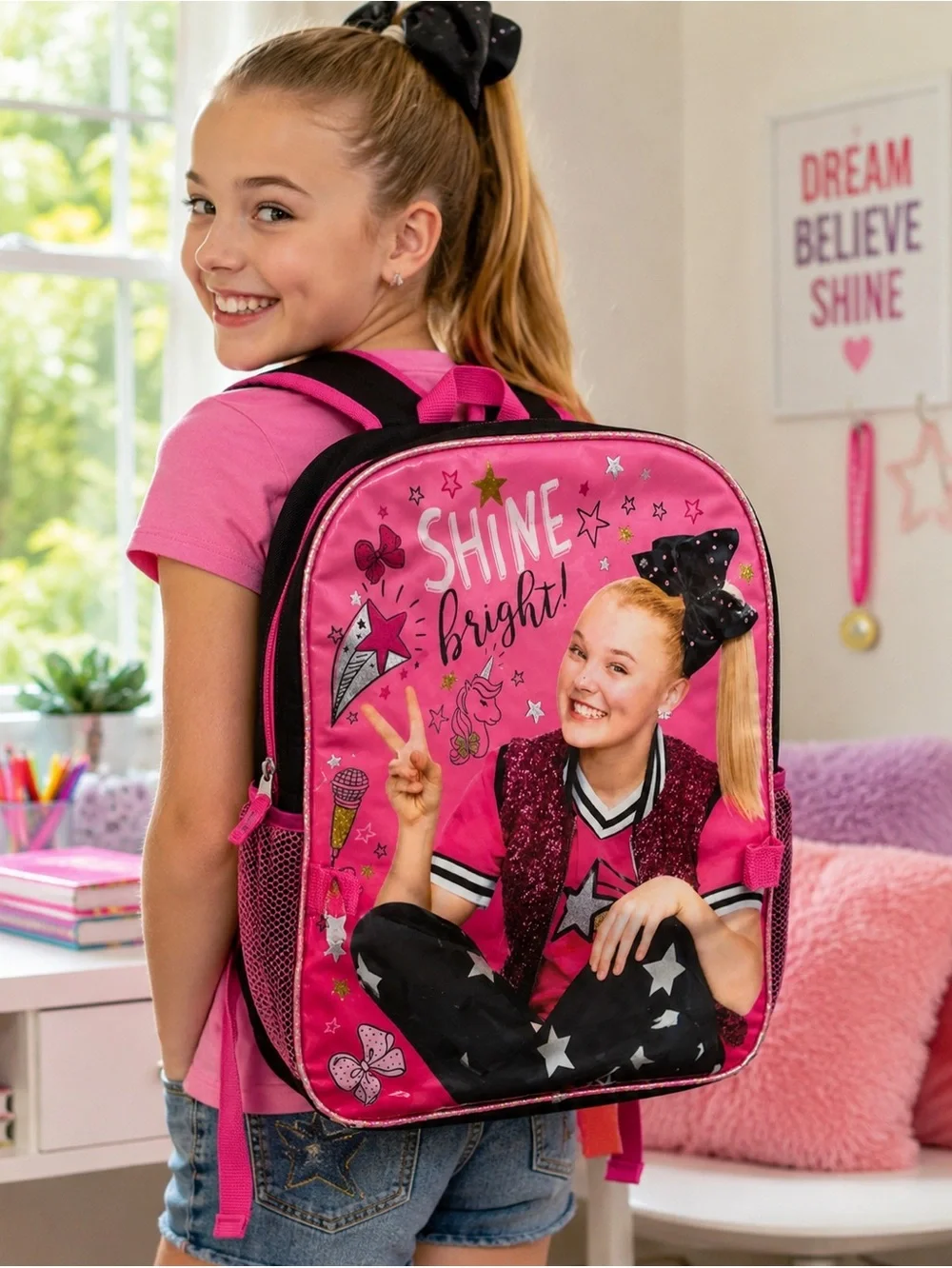 JoJo Siwa Pink Backpack Book Bag School Bag Shine Bright Girls Kids Travel Bag