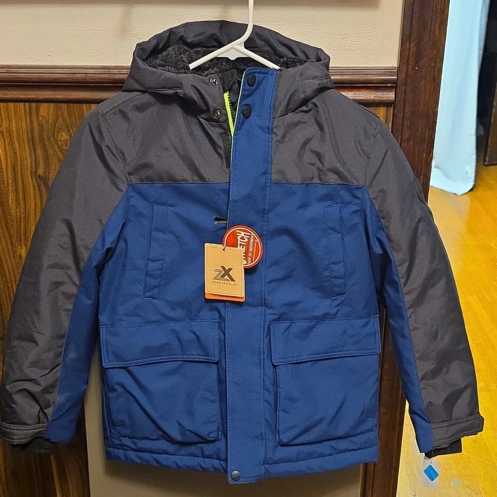 ZeroXposur Unisex Kids Puffer Jacket Colorblock‎ Blue Gray Hooded Zip Size 10/12