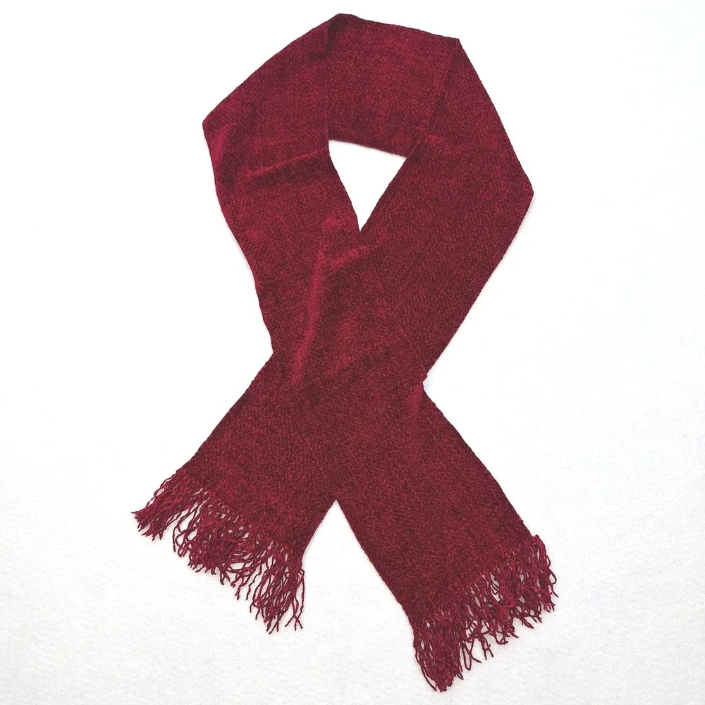 Handwoven by Mary Ann Burgundy Red Chenille Scarf Fringe‎ Elegant Artsy