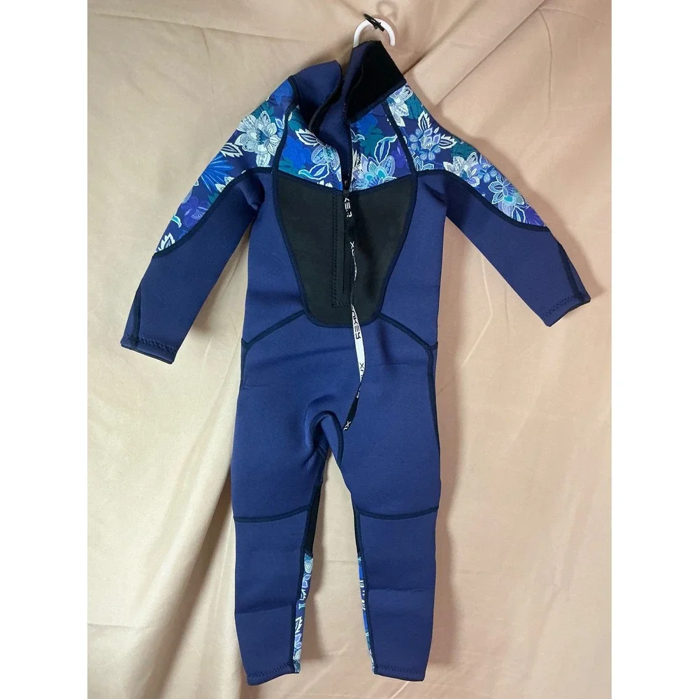XUKER Wetsuit Kids Size 2 Blue Excellent Floral Print 2mm Neoprene Front Zip