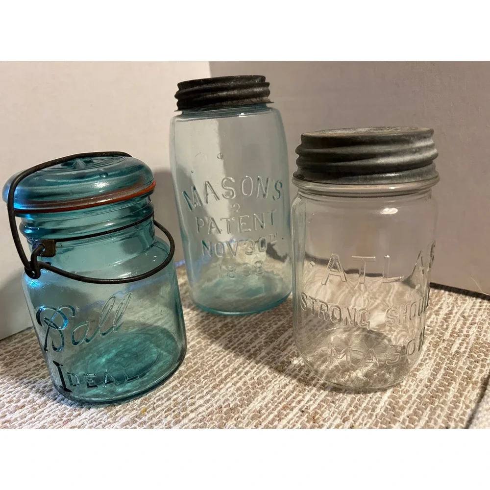 Vintage‎ Ball Ideal Atlas Strong Shoulder Mason Patent 1858 Glass Jars Set of 3