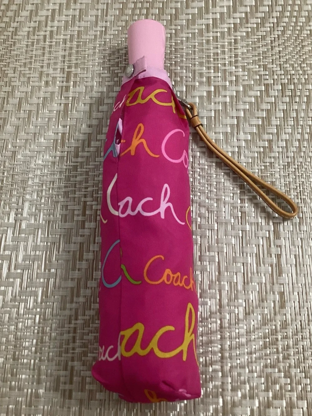 Coach Hot Pink Script Logo Compact Umbrella with Tan Wrist Strap