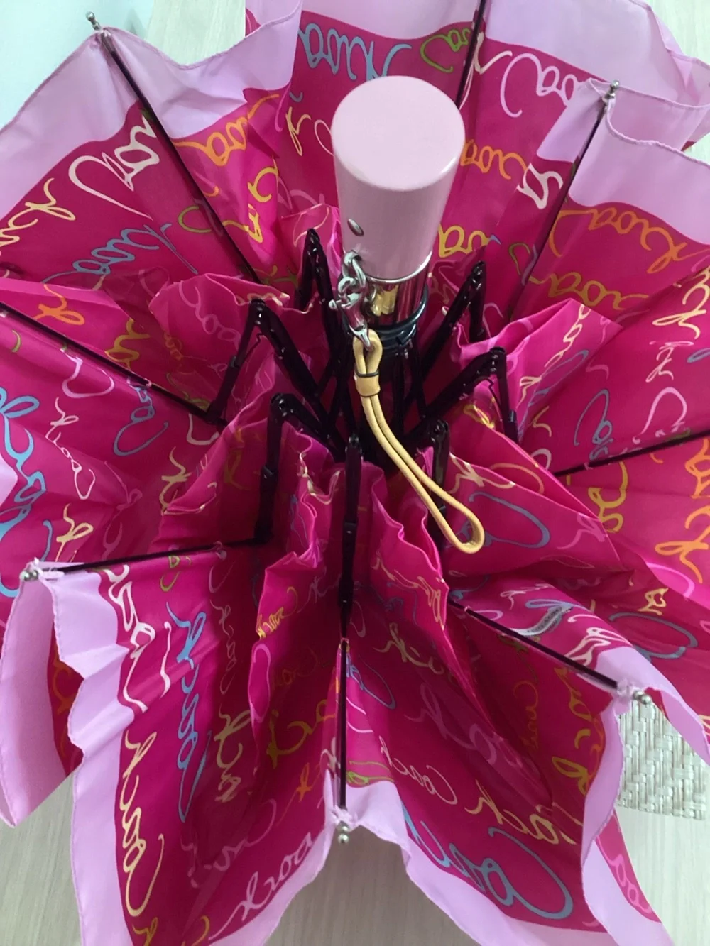 Coach Hot Pink Script Logo Compact Umbrella with Tan Wrist Strap