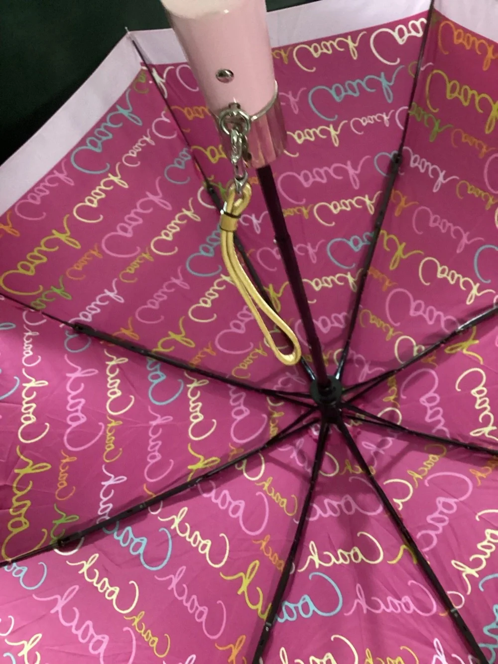 Coach Hot Pink Script Logo Compact Umbrella with Tan Wrist Strap