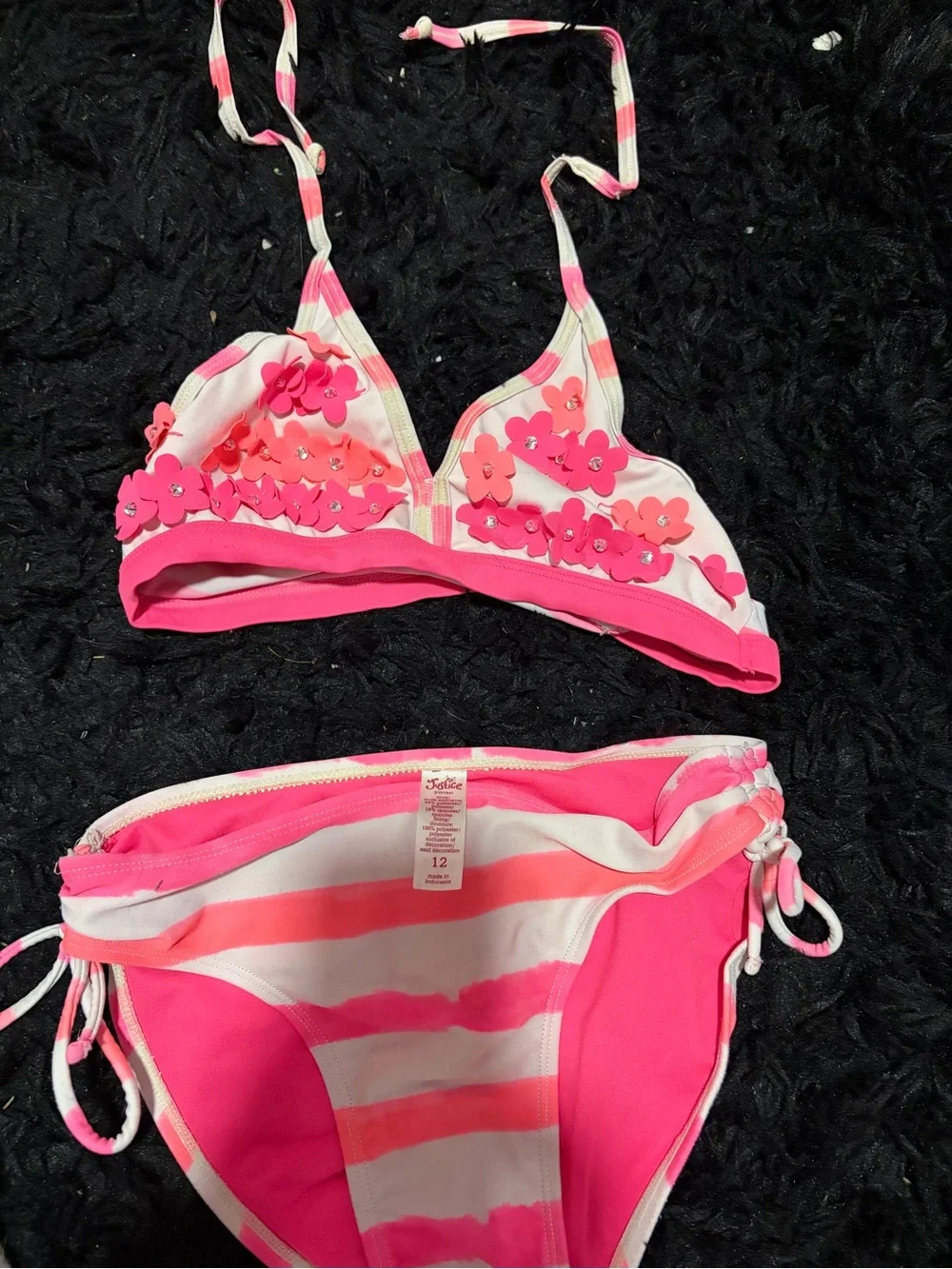 Pink Floral Appliqué Stripe Bikini