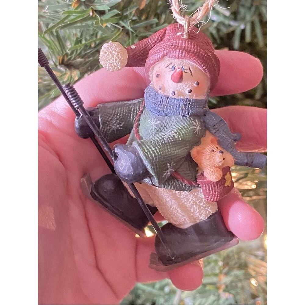 Snowman Ski Ornament Rustic Holiday Decor Charming Hand Painted Christmas Decor