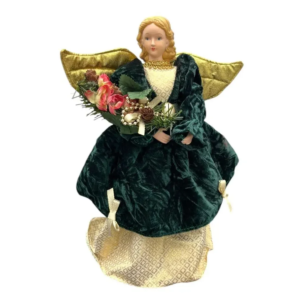 Vtg‎ Angel Tree Topper Green Velvet Gold Wings Porcelain Head Christmas 12