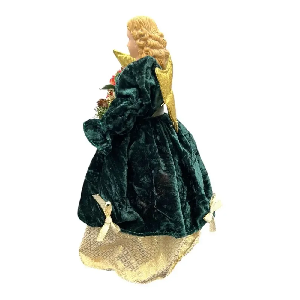 Vtg‎ Angel Tree Topper Green Velvet Gold Wings Porcelain Head Christmas 12